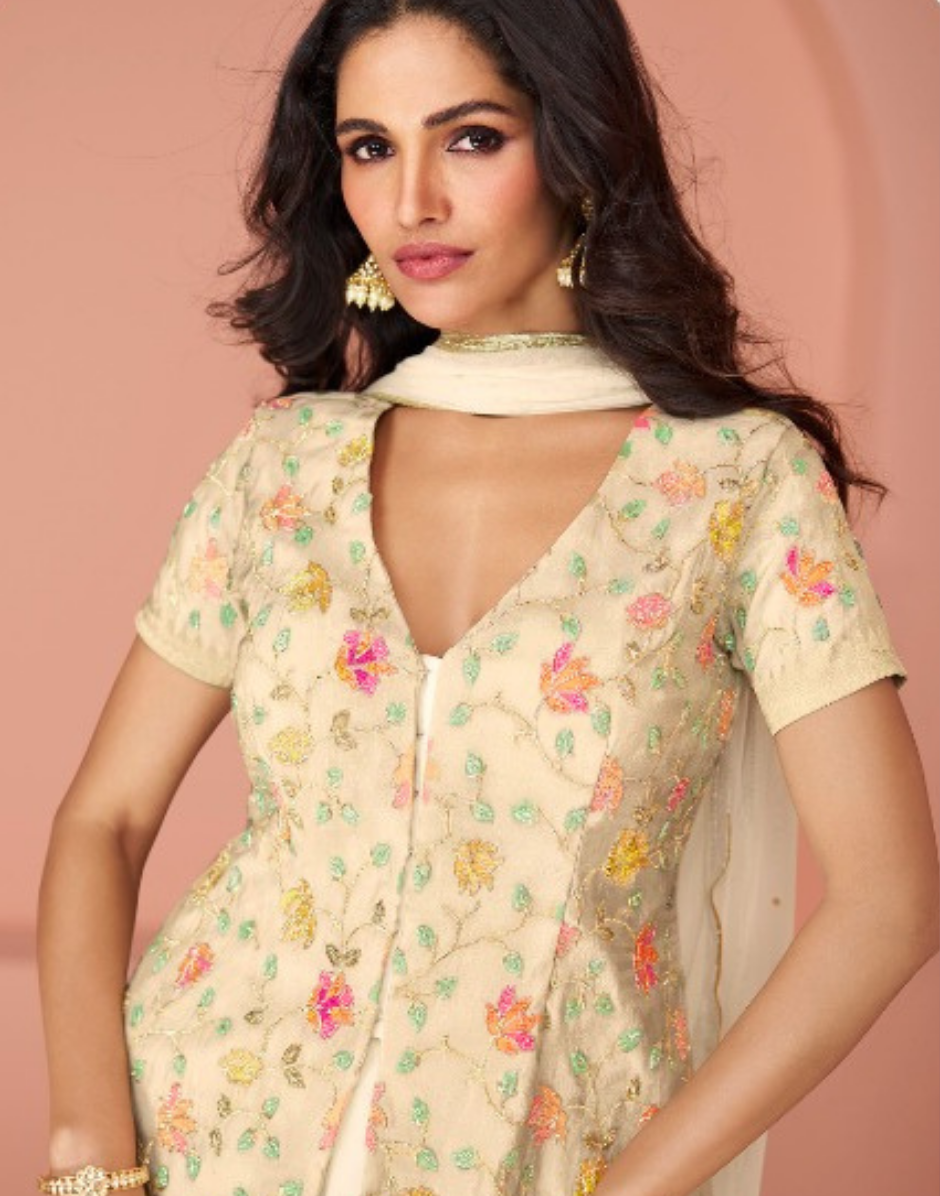 Elegant White Embroidered Georgette Top with Net Dupatta 2-Piece Set