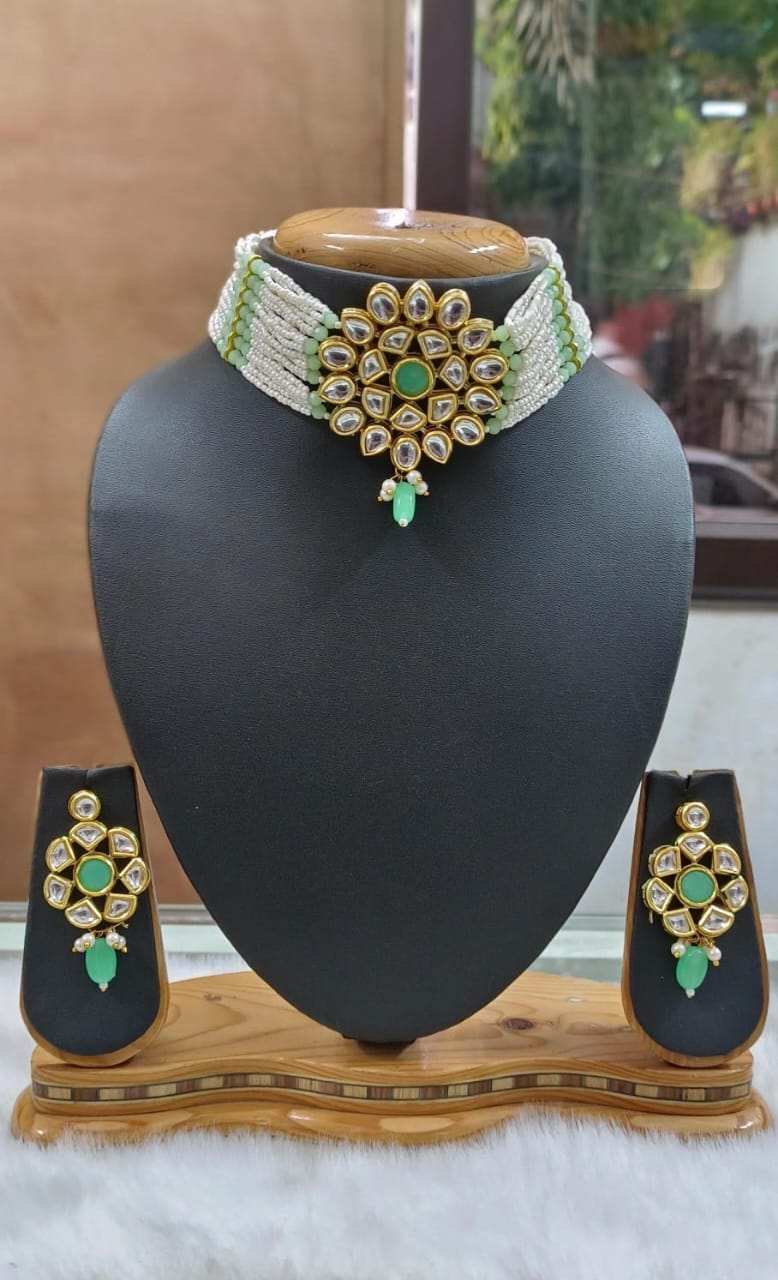 Elegant White Necklace with Green Stone Earrings - Rent