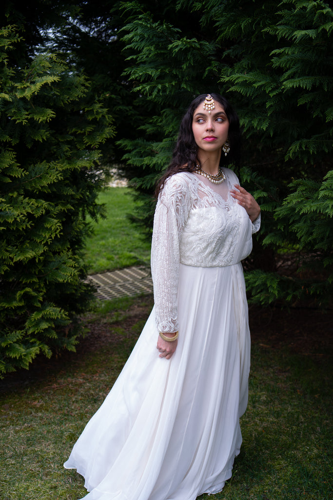 Elegant White Pure Georgette Drape Anarkali Dress Rent