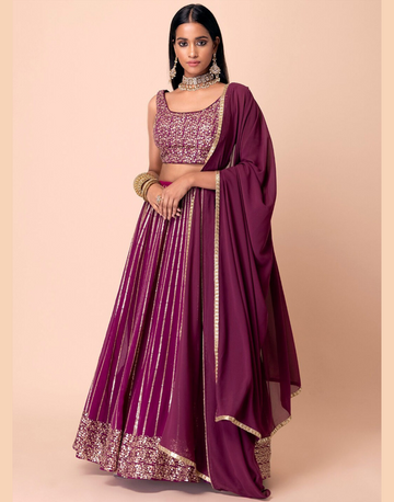 Elegant Wine Georgette Lehenga with Sequins & Zari Embroidery Includes Blouse & Dupatta