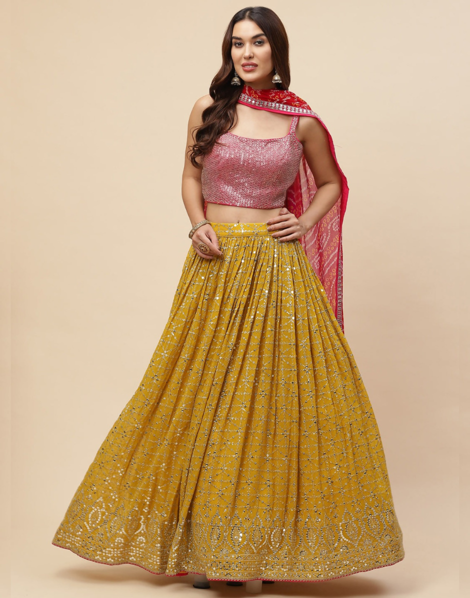 Elegant Yellow Georgette Embroidered Lehenga Choli Set with Chinon Dupatta for Special Occasions