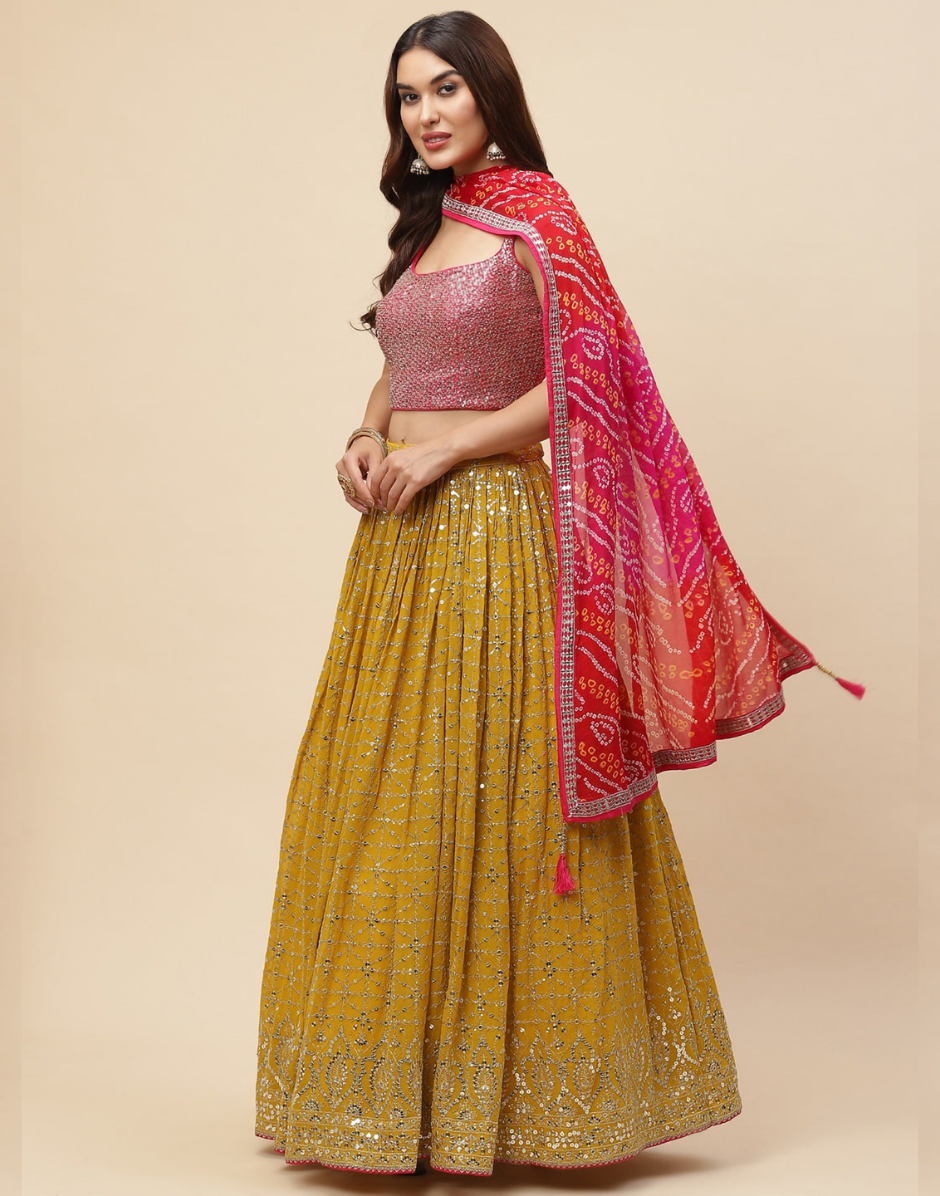 Elegant Yellow Georgette Embroidered Lehenga Choli Set with Chinon Dupatta for Special Occasions