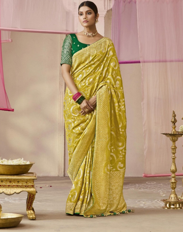 Elegant Yellow Silk Saree Dola Viscose with Delicate Flower Motifs