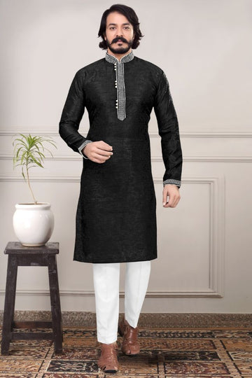 Embroidered Black/Blue Art Silk Jacquard Kurta Set - Rent