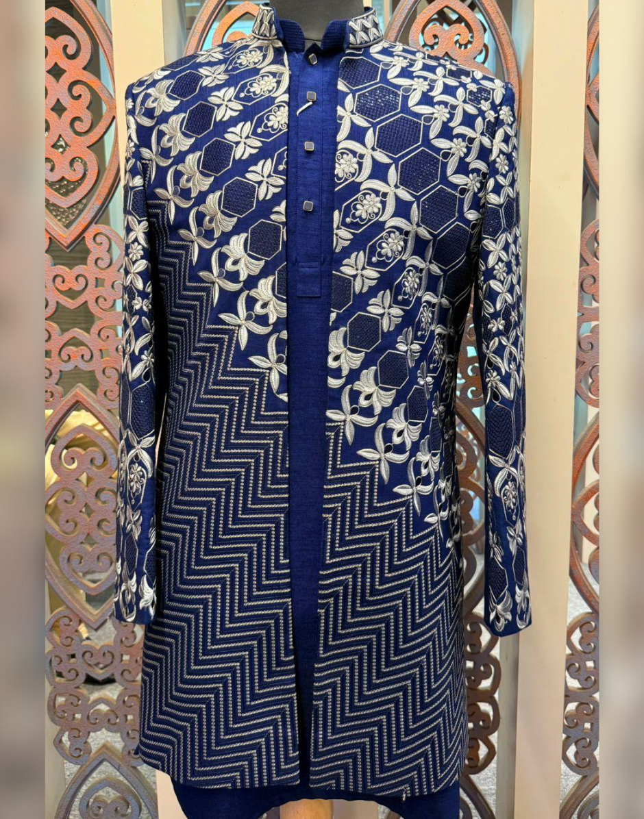 Embroidered Navy Kurta Set with White Jacket Ethnic Wear for Men
