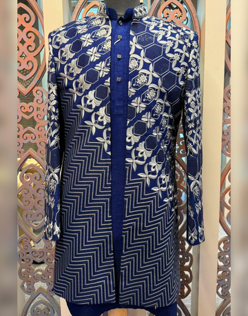 Embroidered Navy Kurta Set with White Jacket Ethnic Wear for Men