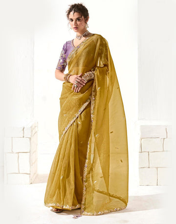 Embroidered Yellow Organza Saree with Sequin Border for Wedding & Event Wear