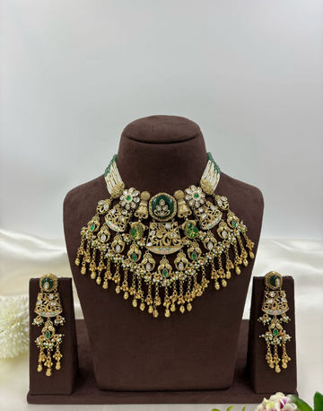 Emerald Elegance Green Enamelled Kundan Beads Necklace Set with Earrings