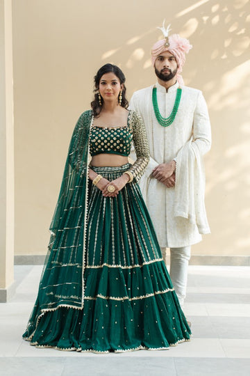 Emerald Green Net Sequence Chinon Lehenga for Mehendi - Rent