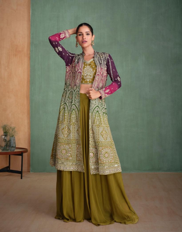 Emerald Majesty Real Georgette Heavy Embroidered Dress with Handcrafted Mirror Work
