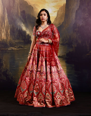 Enchanting Fusion Maroon Floral Print Satin Lehenga Cut-Out Blouse with Tassel Dupatta