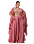 Enchanting Pink Crepe Cape Co-ord Set with Hand Beaded Crop Top & Palazzo