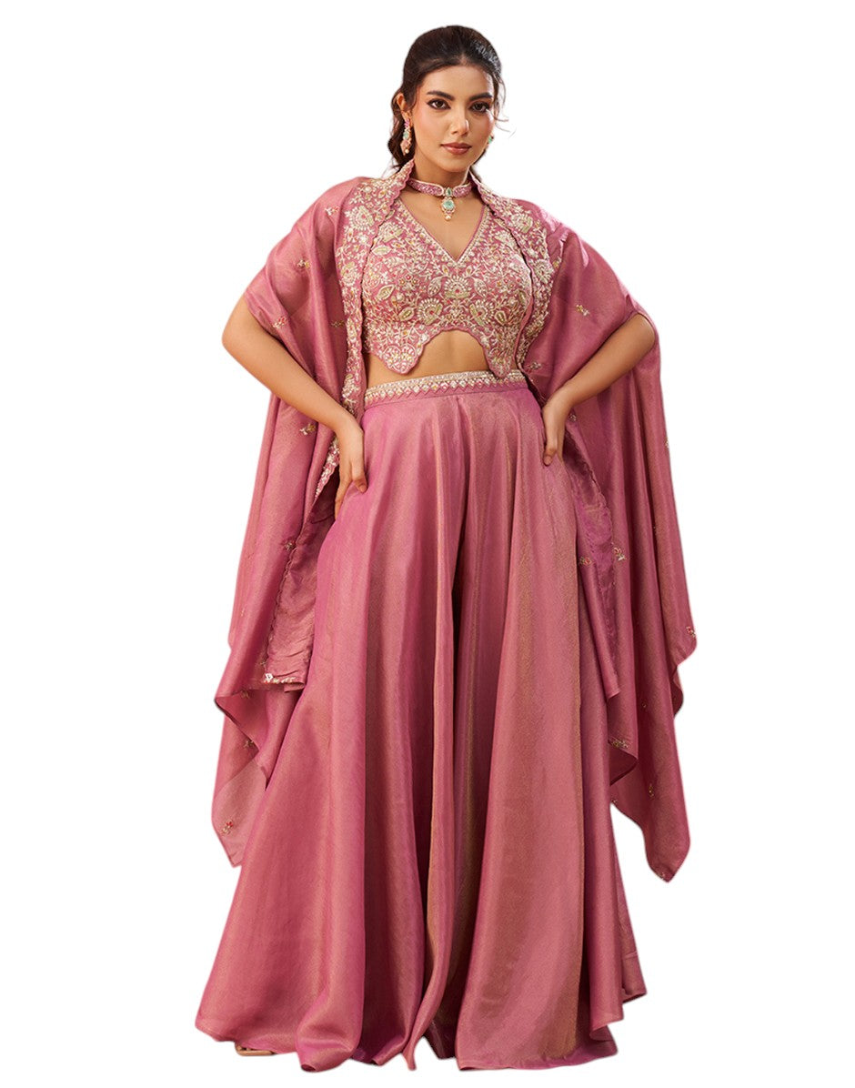 Enchanting Pink Crepe Cape Co-ord Set with Hand Beaded Crop Top & Palazzo