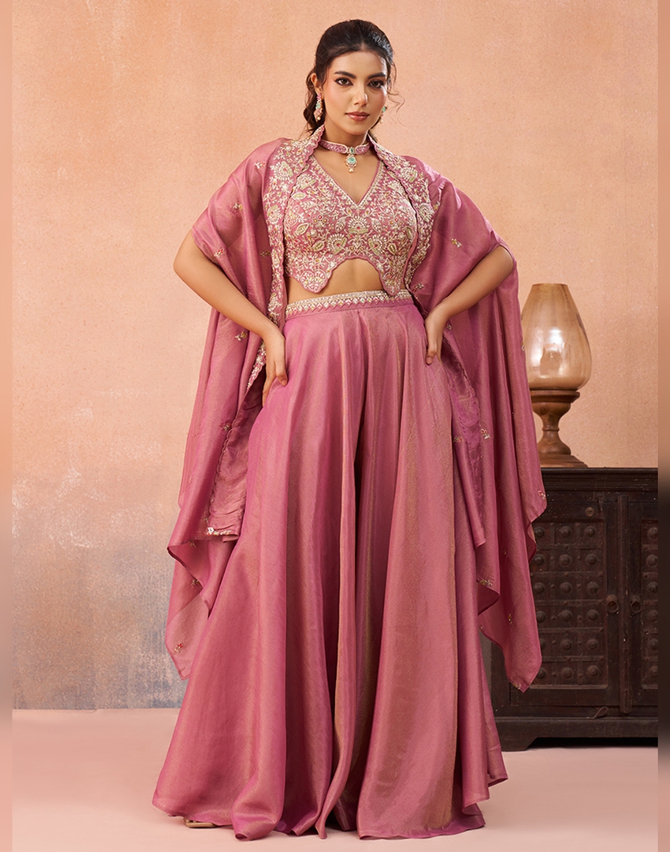 Enchanting Pink Crepe Cape Co-ord Set with Hand Beaded Crop Top & Palazzo
