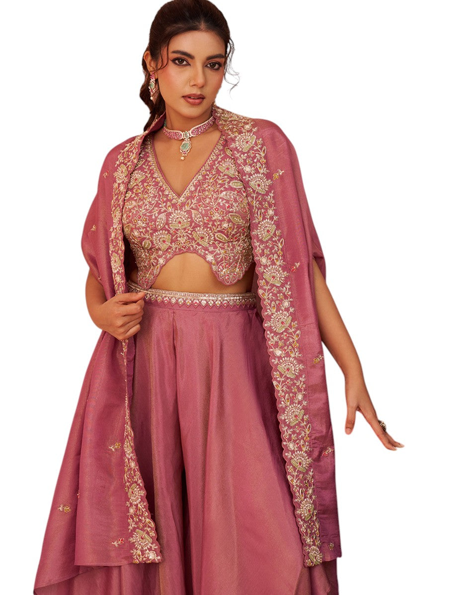 Enchanting Pink Crepe Cape Co-ord Set with Hand Beaded Crop Top & Palazzo_1