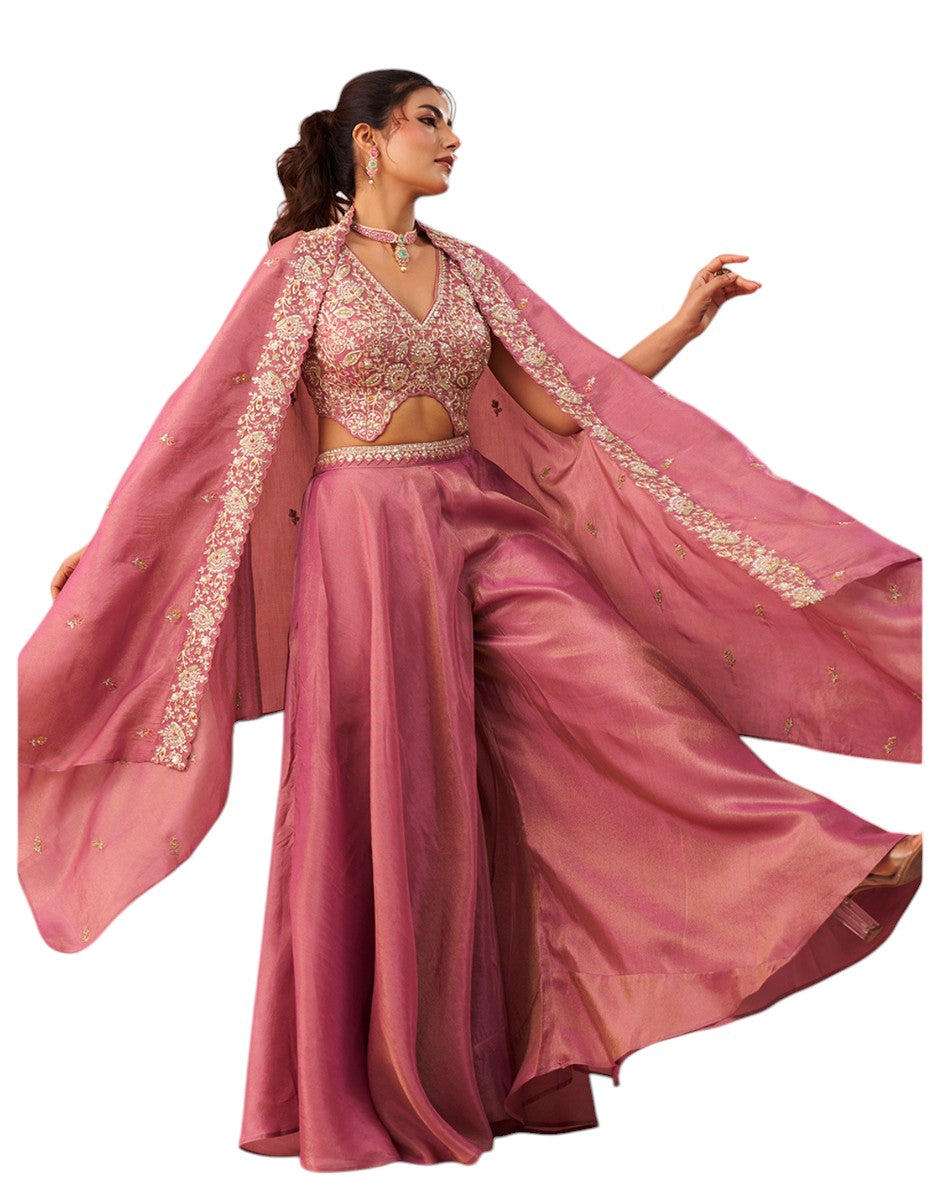 Enchanting Pink Crepe Cape Co-ord Set with Hand Beaded Crop Top & Palazzo_3
