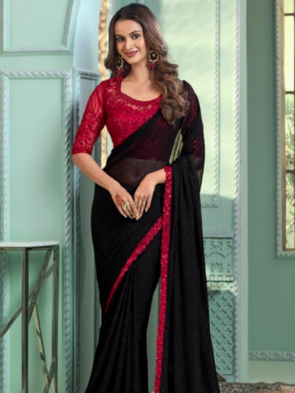 Eternal Allure Pure Black Chiffon Saree - Rent