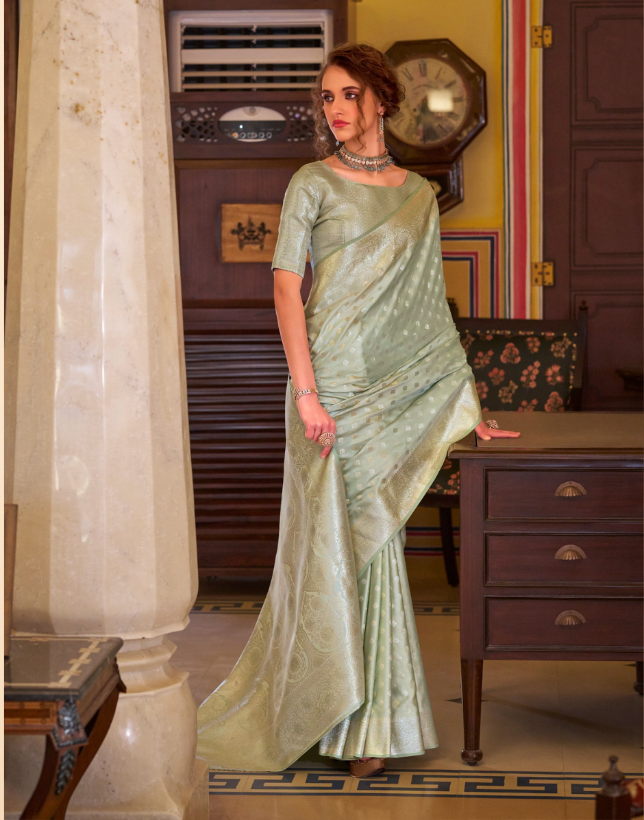 Ethereal Glow Pastel Green Satin Banarasi Saree with Zari Highlights - Buy
