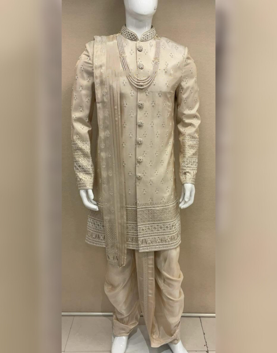 Ethereal Gold Embroidered Sherwani Set with Refined Embellishments