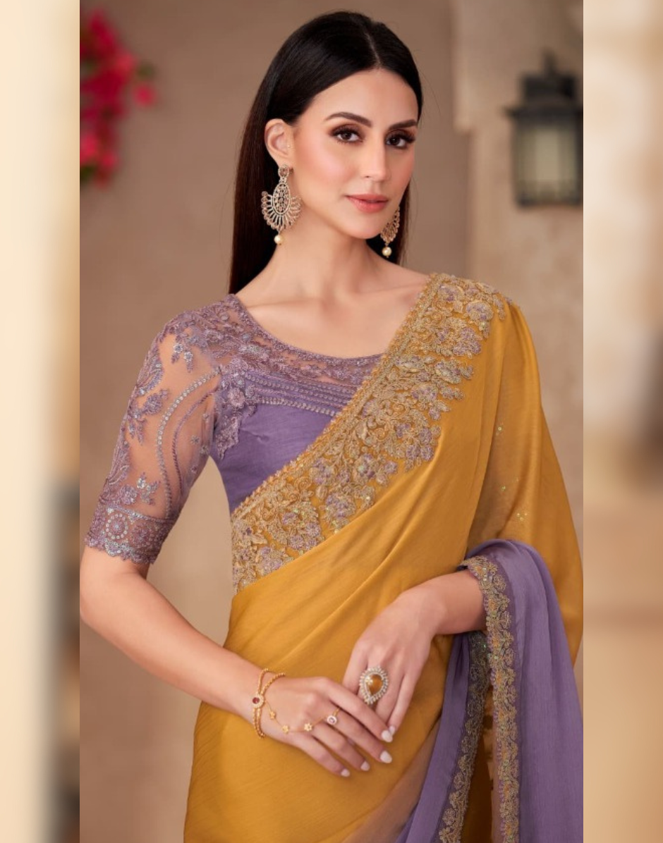 Ethnic Glamour Dual Tone Shaded Chiffon Saree with Linen Detailed Blouse - Buy