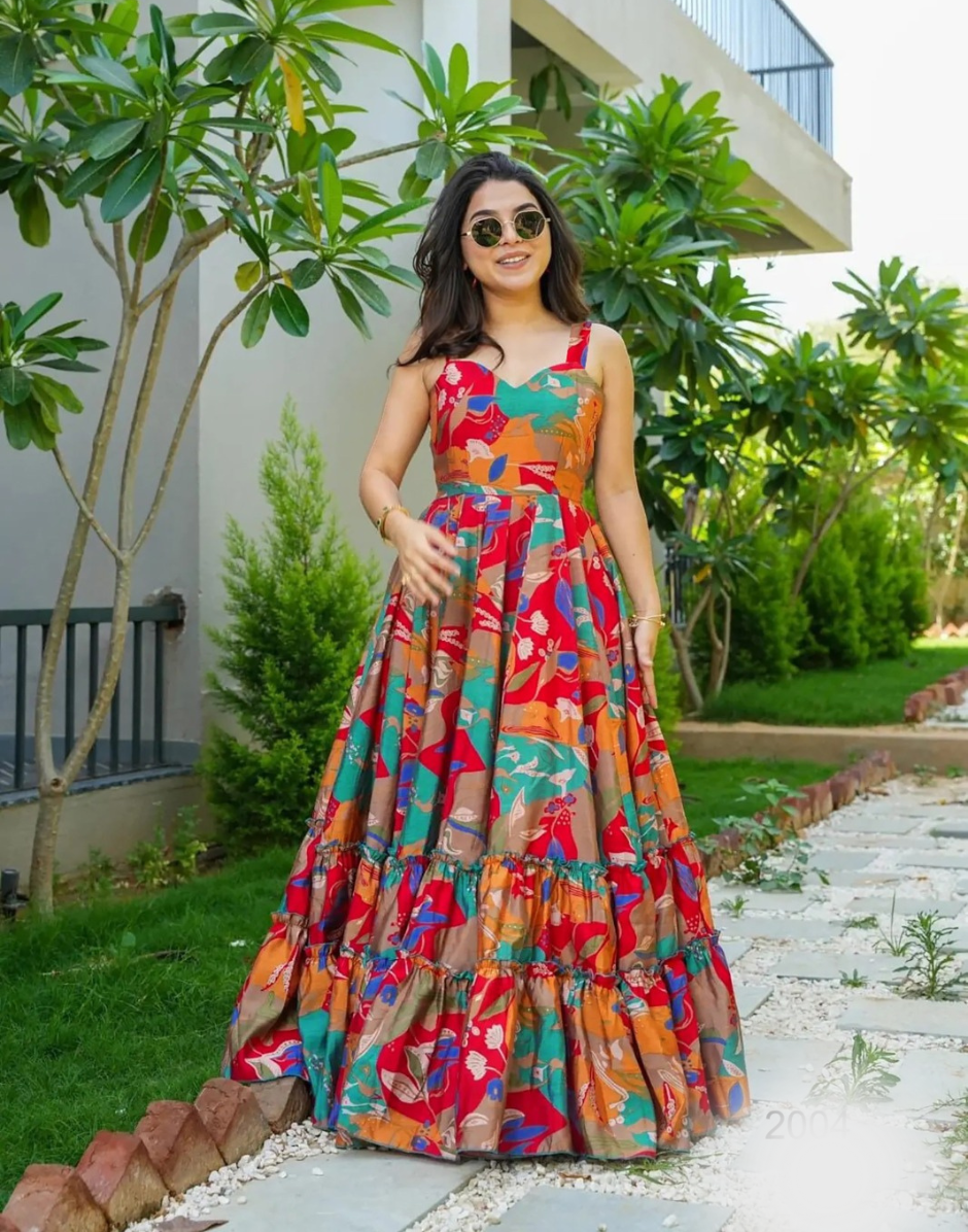 Ethnic Vibrance Multicolour Rayon Digital Print Gown with Flowing Full Flare Orange / L / 3 Days