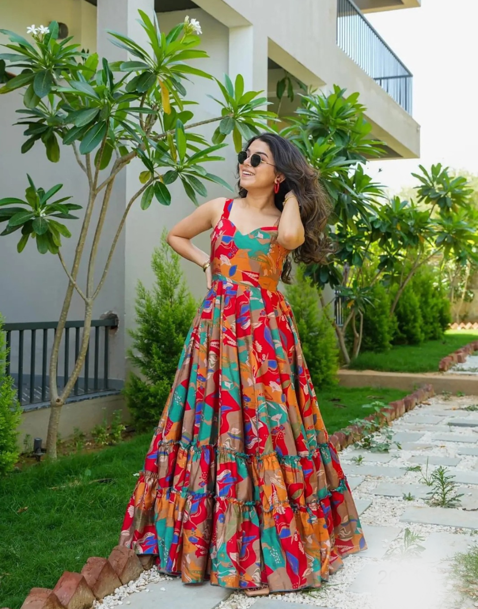 Ethnic Vibrance Multicolour Rayon Digital Print Gown with Flowing Full Flare