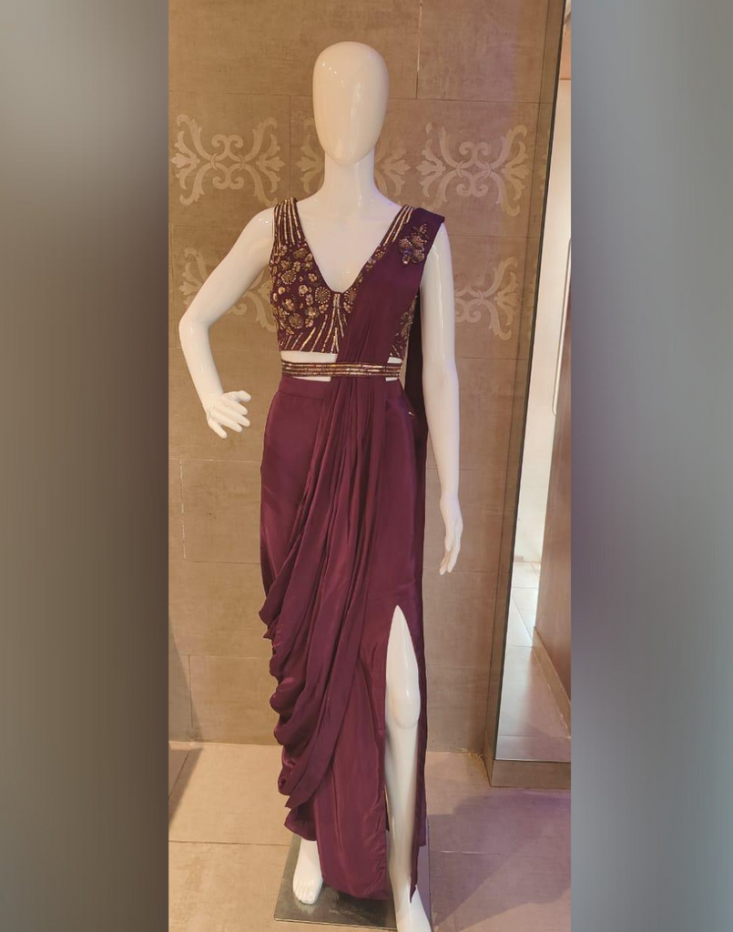 Evening Elegance in Maroon Gown Style Saree with Intricate Sequin Work Maroon / S / 3 Days Evening Elegance in Maroon Gown Style Saree with Intricate Sequin Work Maroon / S / 3 Days