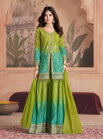 Exquisite Bhandani Print Embellished Gotta Patti Top Paired with Sharara and Dupatta