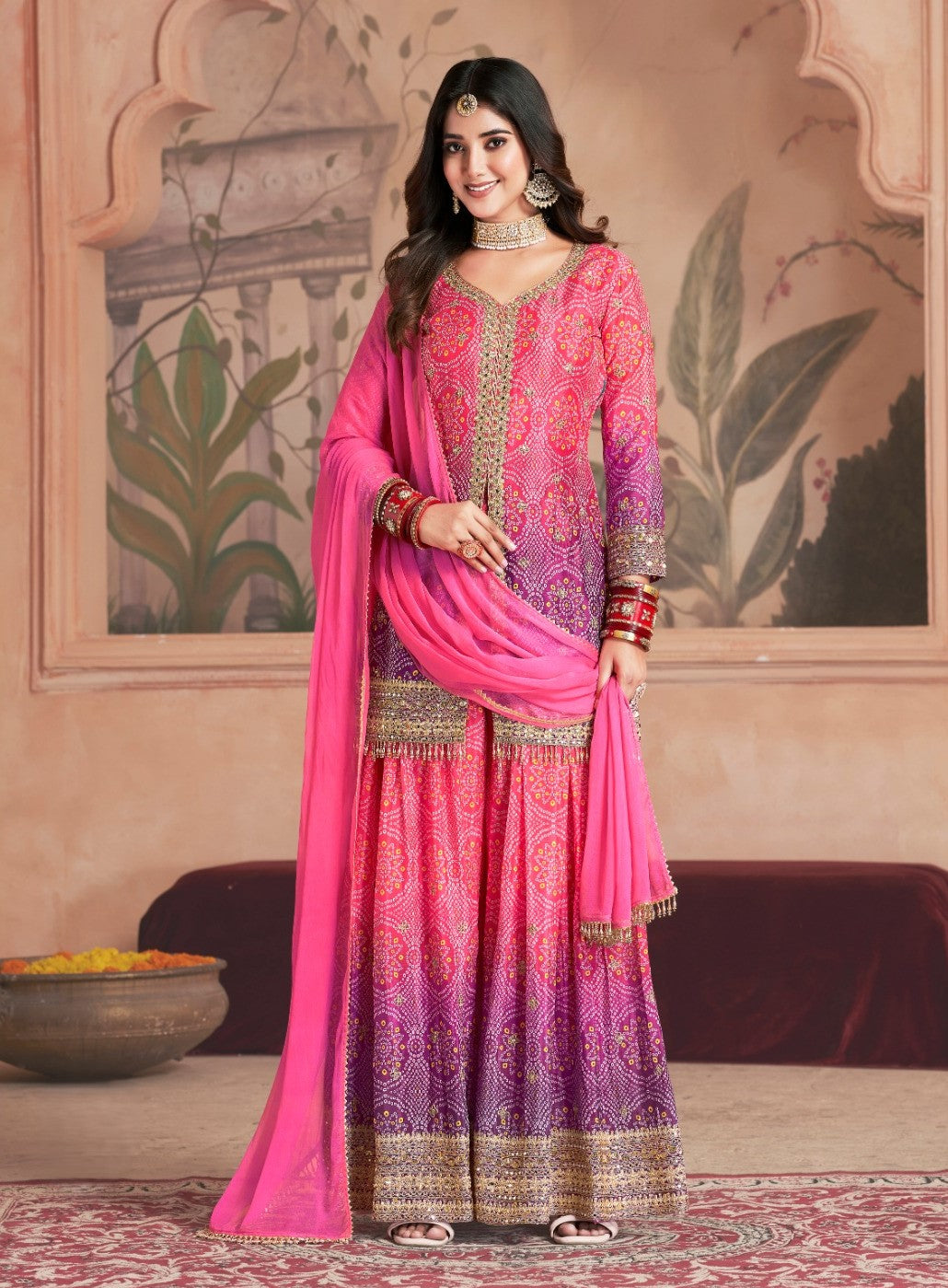 Exquisite Bhandani Print Embellished Gotta Patti Top Paired with Shara