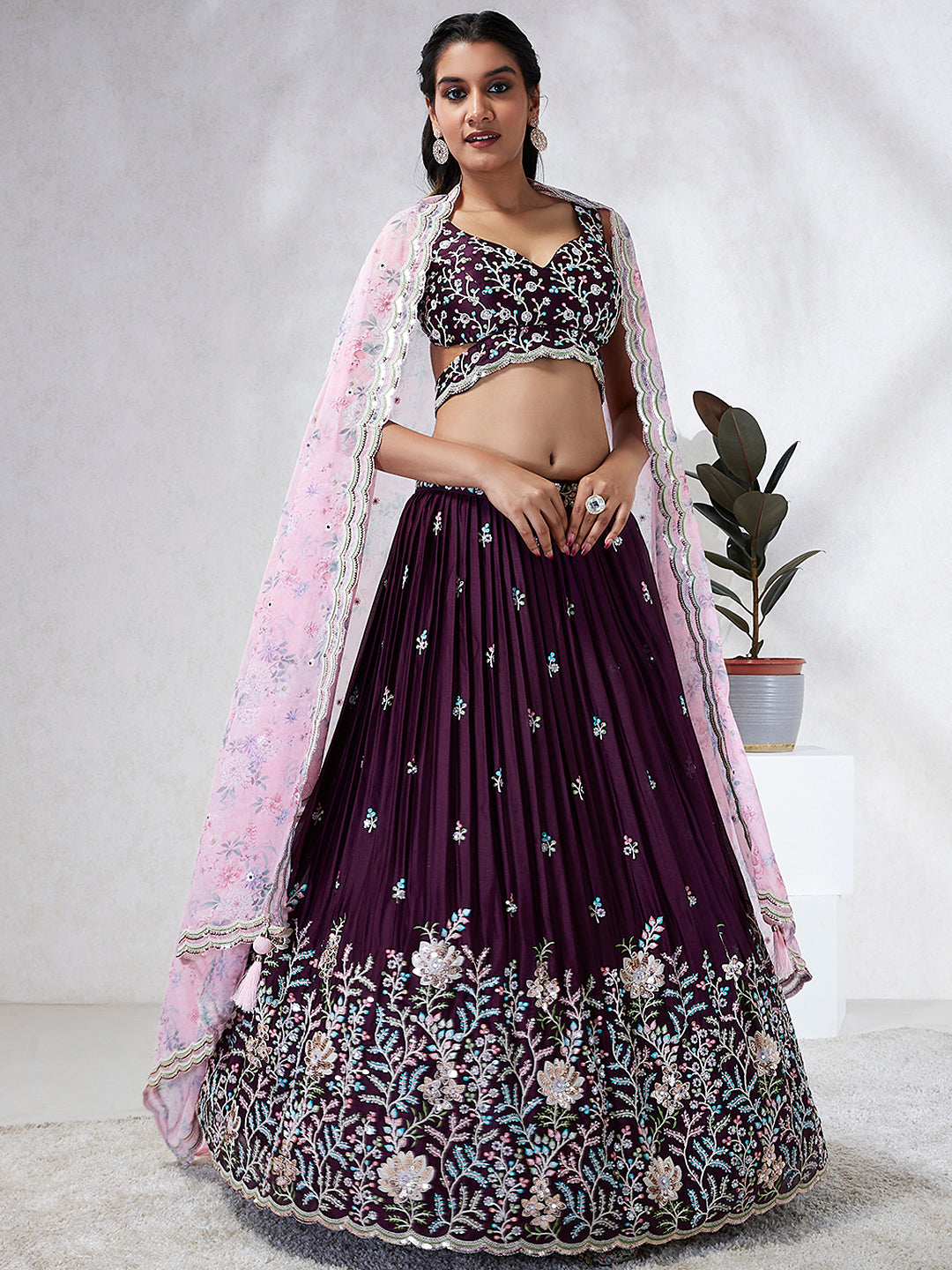 Exquisite Burgundy Lehenga Choli with Sequins and Embroidery Dupatta