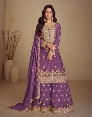 Exquisite Embroidery & Handwork Chinon Silk Kurta Palazzo Dupatta Set_5