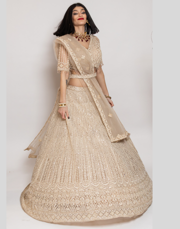 Exquisite Ivory Embroidered Sequins Net Lehenga Timeless Elegance for Weddings & Celebrations