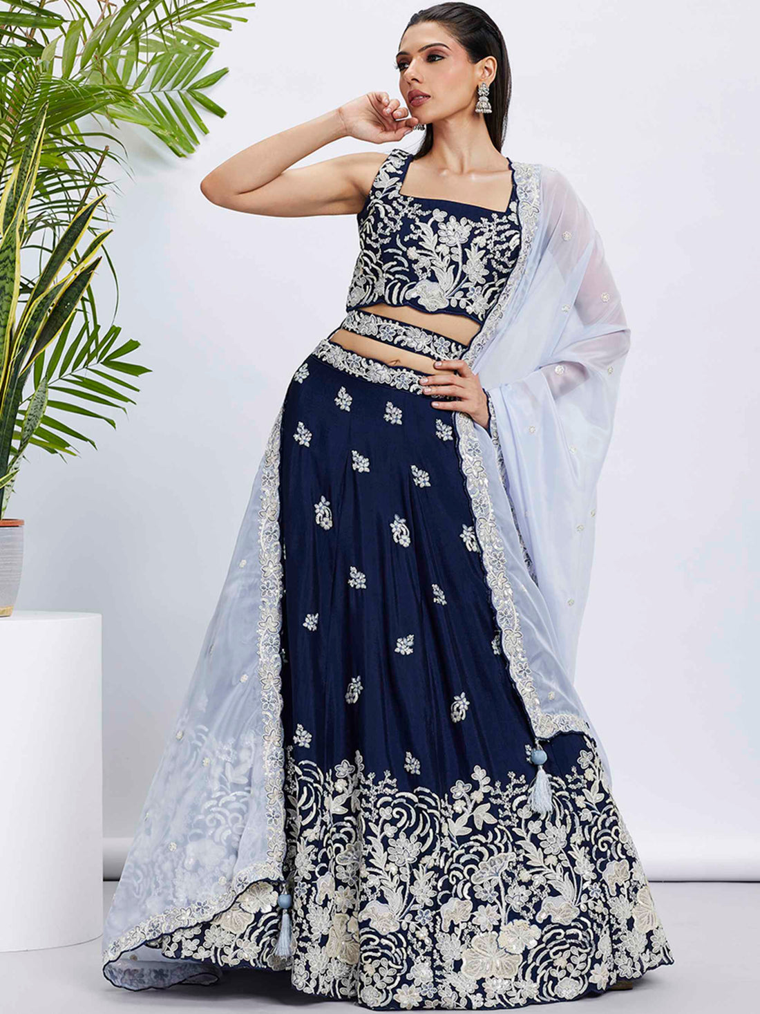 Exquisite Navy Blue Pure Georgette Lehenga Choli with Sequins  - Rent Now