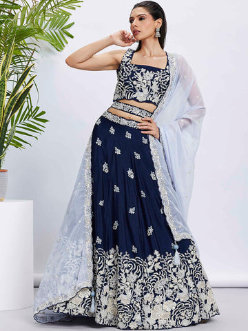 Exquisite Navy Blue Pure Georgette Lehenga Choli with Sequins  - Rent Now