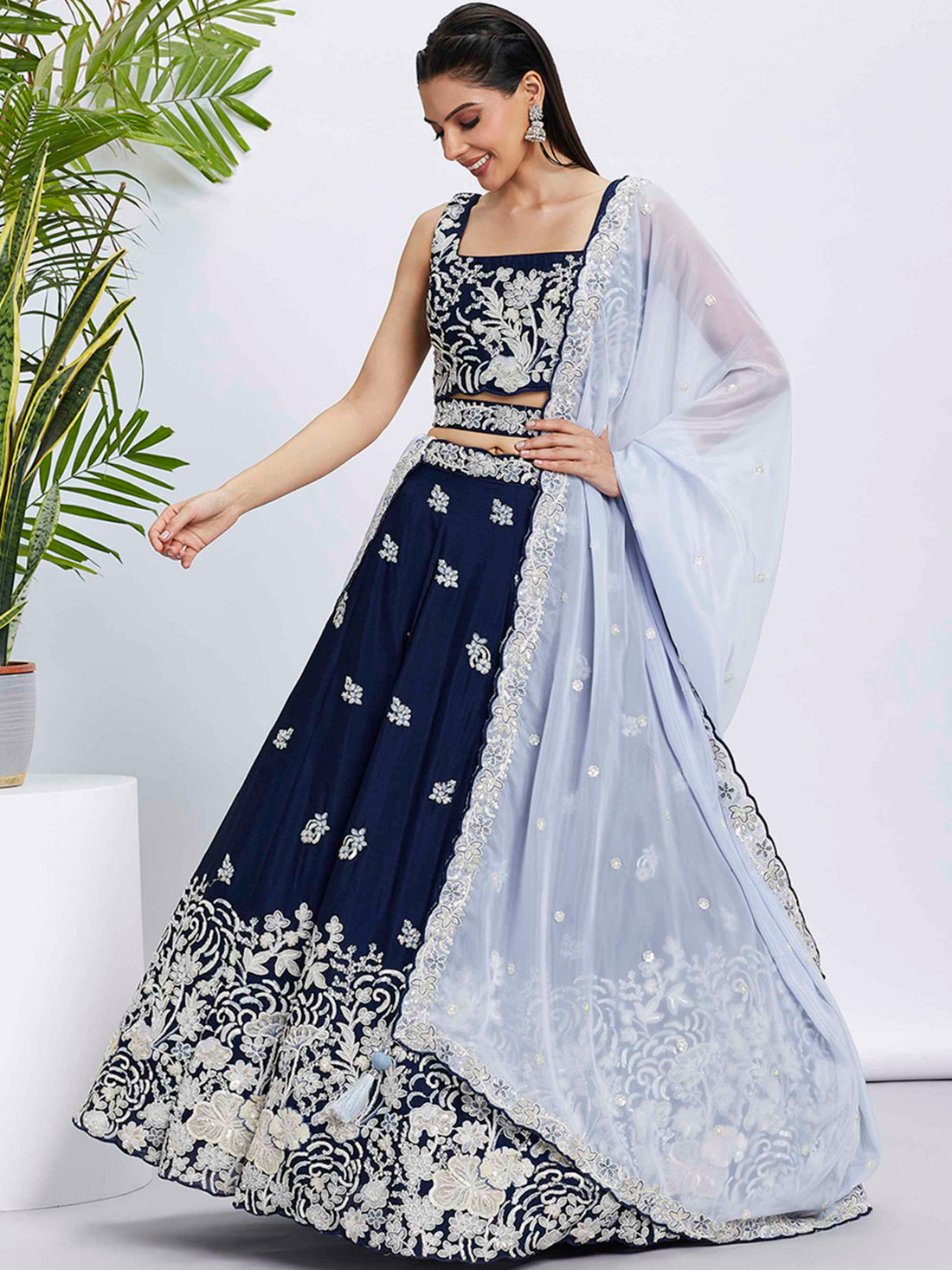 Exquisite Navy Blue Pure Georgette Lehenga Choli with Sequins  - Rent Now