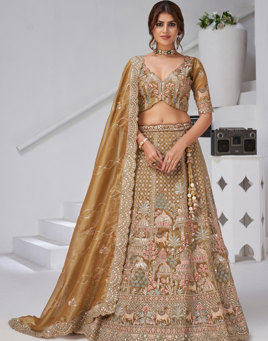 Exquisite Organza Tissue Bridal Lehenga with Temple and Cow Motifs Blouse & Dupatta Traditional Charm - Buy