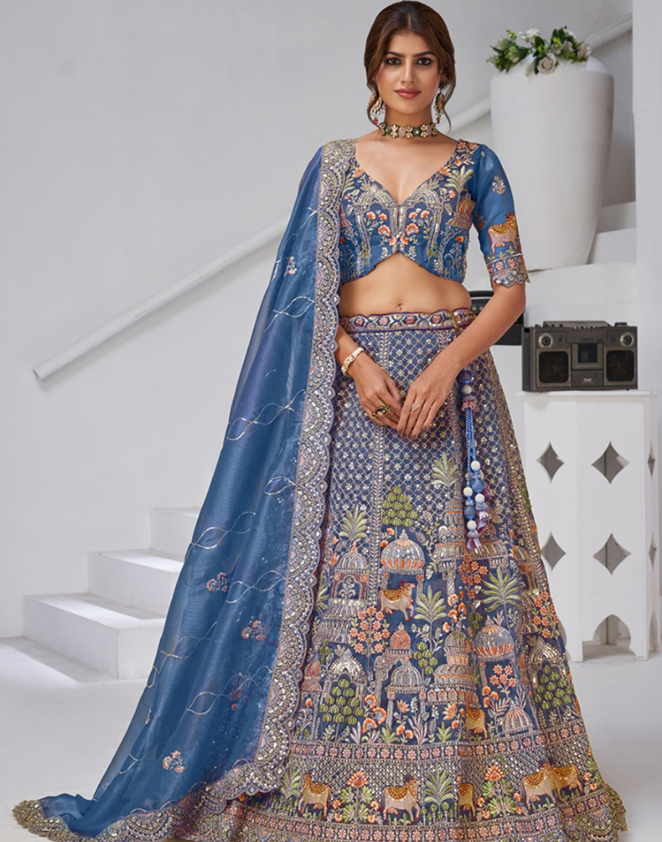 Exquisite Organza Tissue Bridal Lehenga with Temple and Cow Motifs Blouse & Dupatta Traditional Charm - Buy