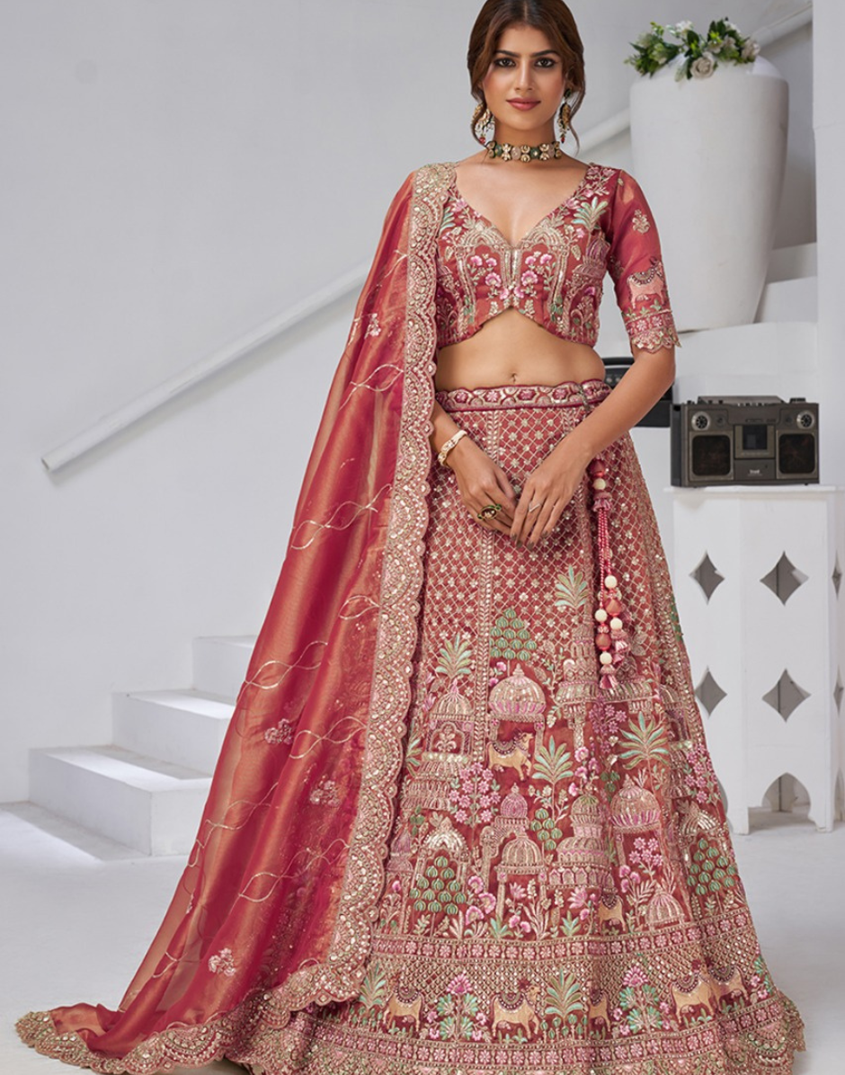 Exquisite Organza Tissue Bridal Lehenga with Temple and Cow Motifs Blouse & Dupatta Traditional Charm - Buy_2