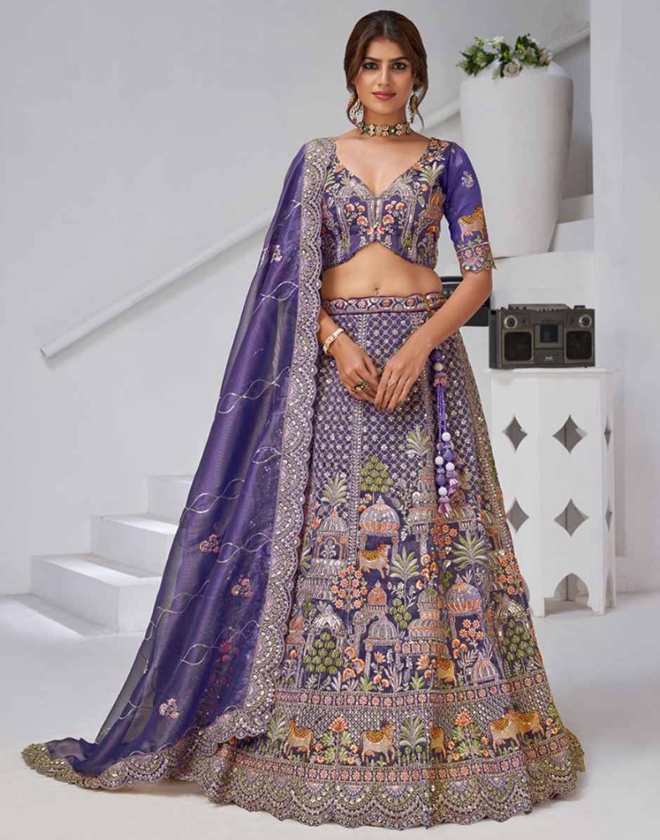 Exquisite Organza Tissue Bridal Lehenga with Temple and Cow Motifs Blouse & Dupatta Traditional Charm - Buy_3