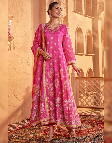 Exquisite Pink Printed Embroidered Silk Anarkali