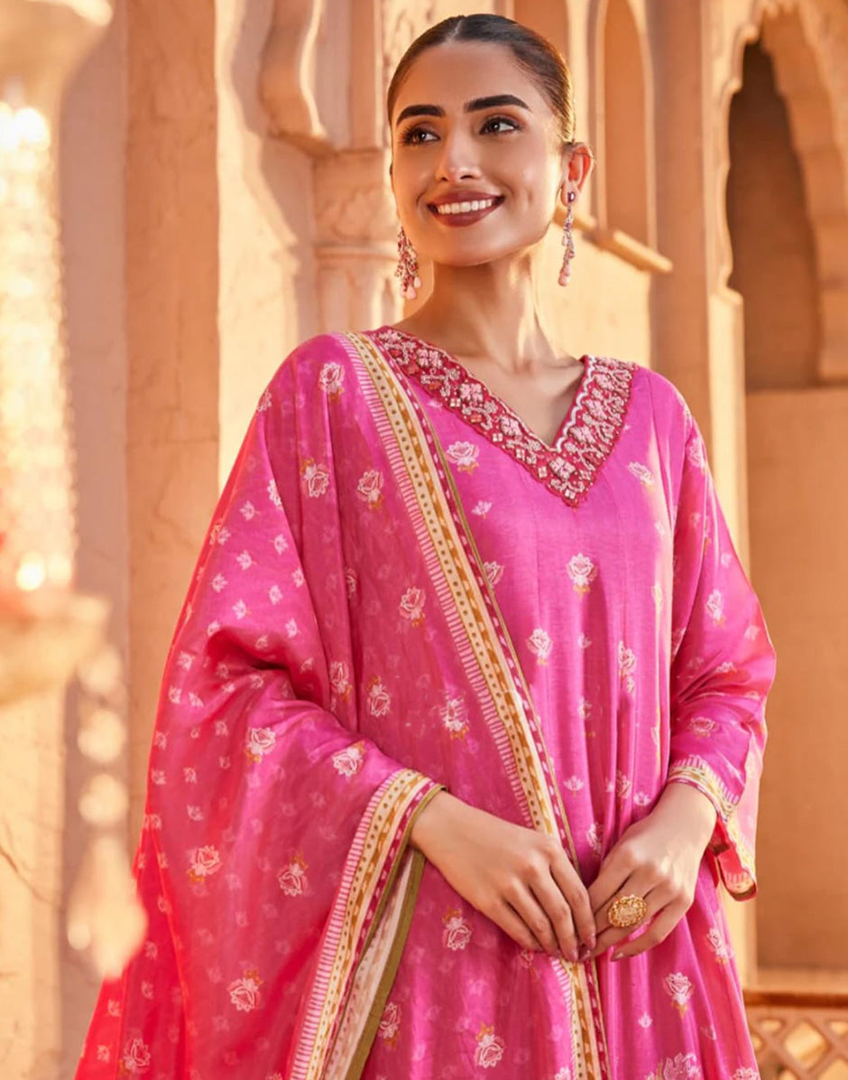 Exquisite Pink Printed Embroidered Silk Anarkali