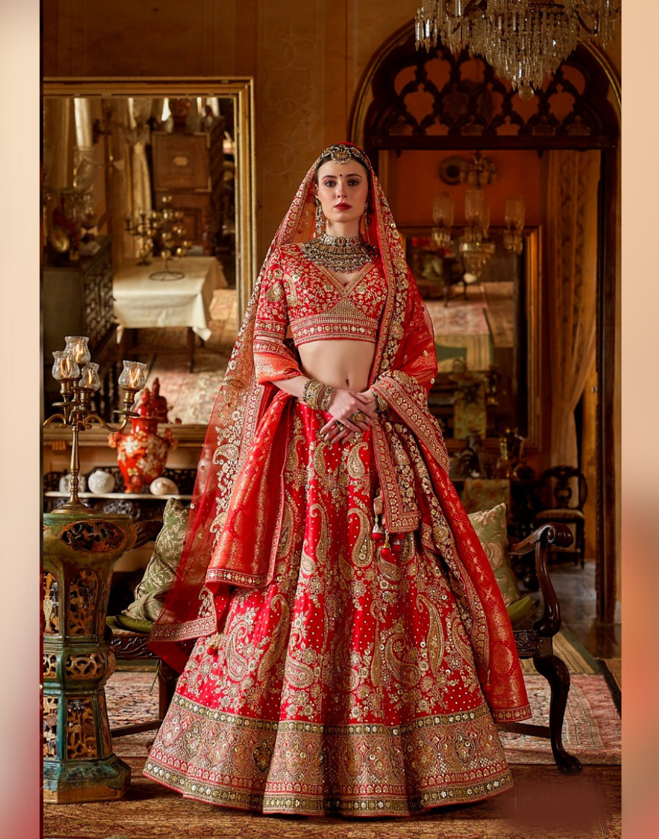 Exquisite Red Paisley Silk Lehenga with Embroidery, Sequin, Pearl & Zari Work Includes Blouse & Dual Dupatta Set - Buy