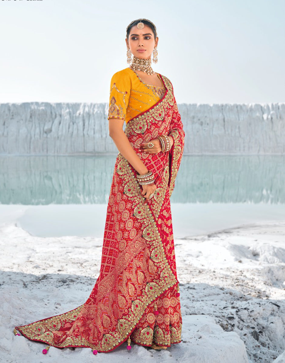 Exquisite Red Pure Georgette Bandani Patola Saree with Zari Weaving & Heavy Embellishments_4