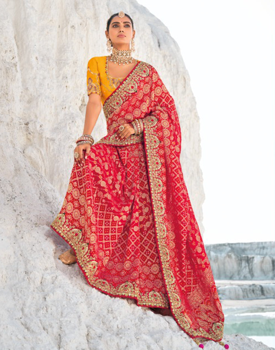 Exquisite Red Pure Georgette Bandani Patola Saree with Zari Weaving & Heavy Embellishments_4