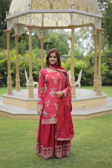 Exquisite Sequins Work with Floral print Top Paired with Sharara and Dupatta