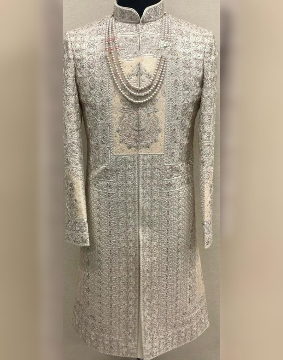 Fawn Embroidered & Embellished Sherwani Set for Groom and Wedding Occasions
