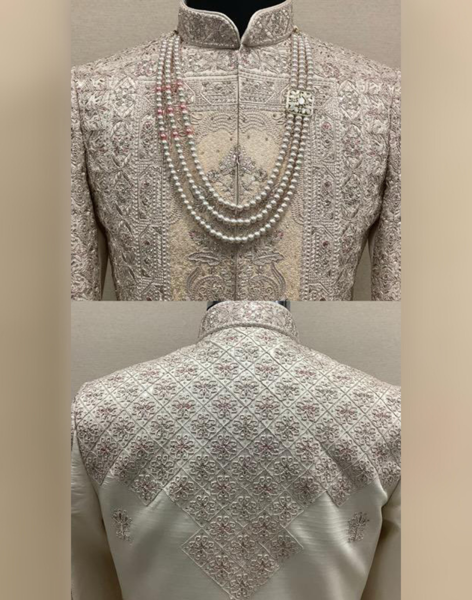 Fawn Embroidered & Embellished Sherwani Set for Groom and Wedding Occasions