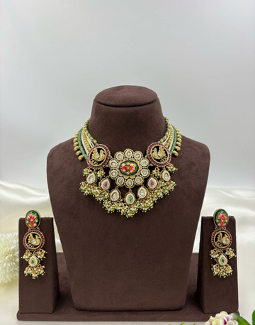 Festive Bloom Heavy Kundan Necklace Set with Multicolour Enamel Flower Beads & Earrings