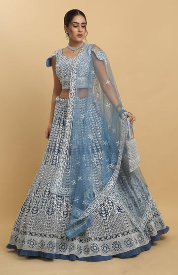 Festive Blue Suhana Embroidered Lehenga Set - Rent