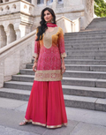 Festive Favorite Orange Pink Chinon Silk Palazzo Set with Embroidered Dupatta - Buy
